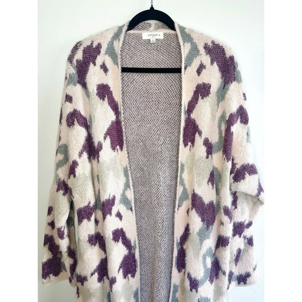 Umgee Boho Oversized Fuzzy‎ Knit Long Cardigan Sweater XL Pink Purple Abstract